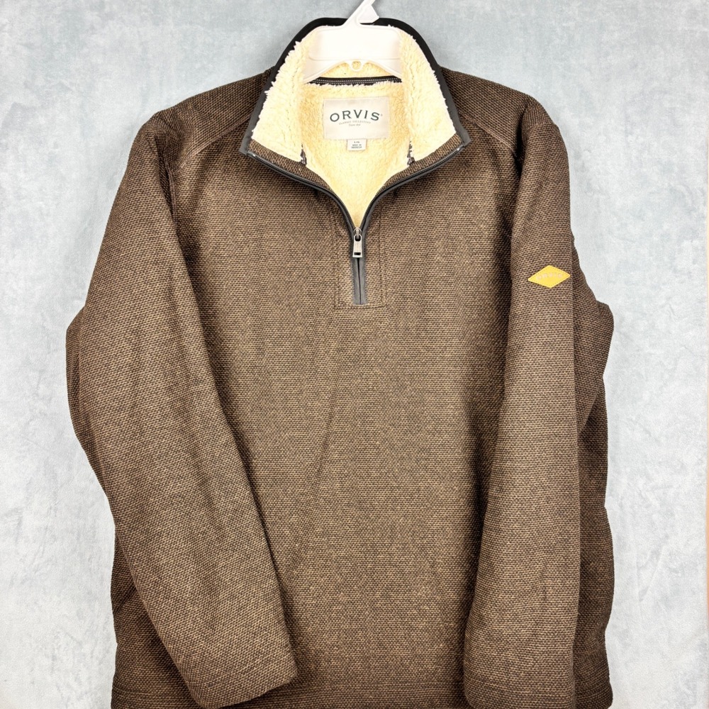 Orvis Mens Brown Textured Sherpa Lined Quarter Zip Pullover Sweater Large